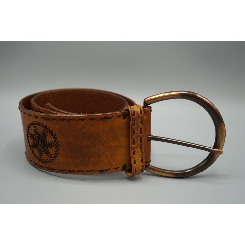 Max Studio Cognac Italian Leather Wide Boho Whipstitch Belt Brown LP02229MS